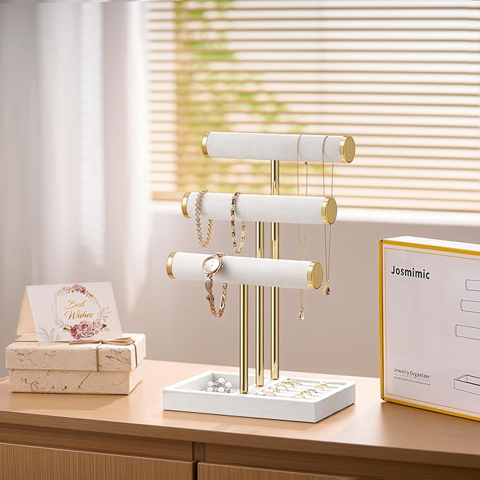 Bracelet Holder Jewelry Organizer Display - 3 Tier T Bar Velvet Stand, White Jewelry Storage for Bracelet, Necklaces, Earrings, Watches