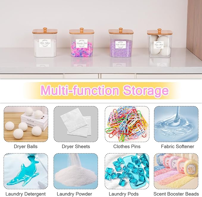 efluky 4 pack Laundry Pods Container & Dryer Sheet Holder Set,Clear Laundry Room Organization Containers with Bamboo Lids and Labels,Laundry Pods Holder for Scent Booster,Powder,Pod