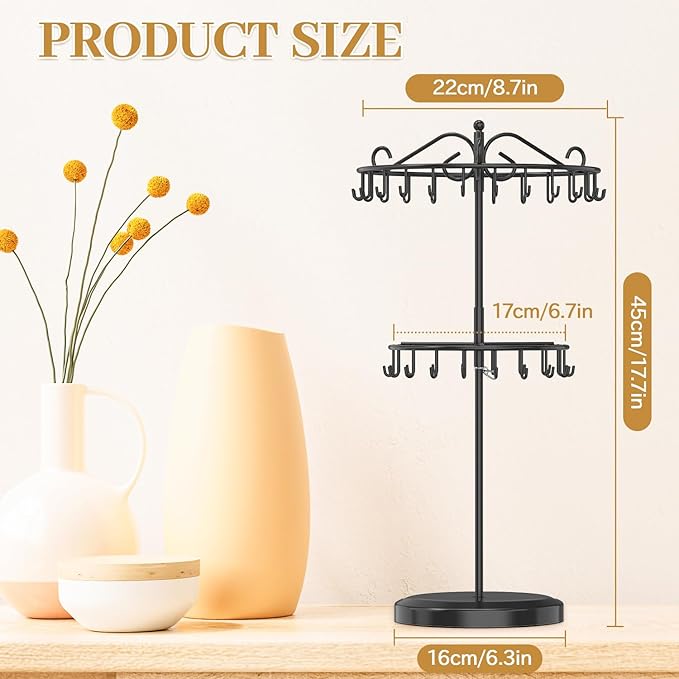 MODOWEY Rotating Necklace Holder Organizer Display Stand with 42 Hooks, 2 Tier Adjustable Metal Tree for Long Necklace Hanger Selling, Tall Spinning Bracelet Storage Rack for Men Women, Black