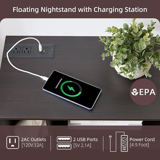 Modern Espresso Fluted Floating Nightstand with Charging Station, NightStand with Drawers, Bedside with USB Ports and Outlets, Bedroom Furniture (Set of 2)
