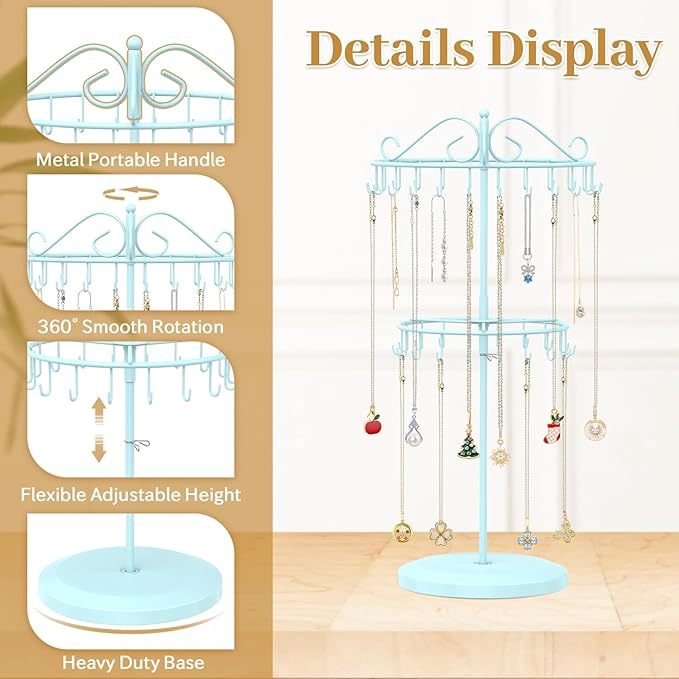 MODOWEY Rotating Necklace Holder Organizer Display Stand with 42 Hooks, 2 Tier Adjustable Metal Tree for Long Necklace Hanger Selling, Tall Spinning Bracelet Storage Rack for Men Women, Blue
