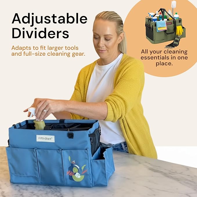 FifthStart Cleaning Caddy Bag for Professionals - Heavy-Duty Organizer with Shoulder Strap, 9 Pockets, Washable Mesh Base & Adjustable Compartments for Cleaning Supplies (Green, Large)
