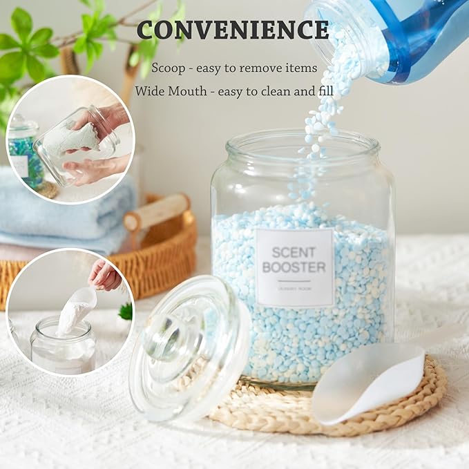 Laundry Glass Jars with Dryer Sheets Holder, Containers with Scoop and Labels for Laundry Room Organization and Storage Detergents Pods or Powder, Scent Booster Beads, Set of 3