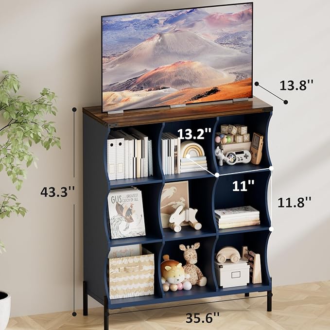 9 Cube Storage Shelf Organizer, Low Book Shelf Bookcase Entryway Table, Wood Closet Storage Display Cabinet TV Stand for Living Room, Office,Bedroom, Dorm, Blue with Natural Top