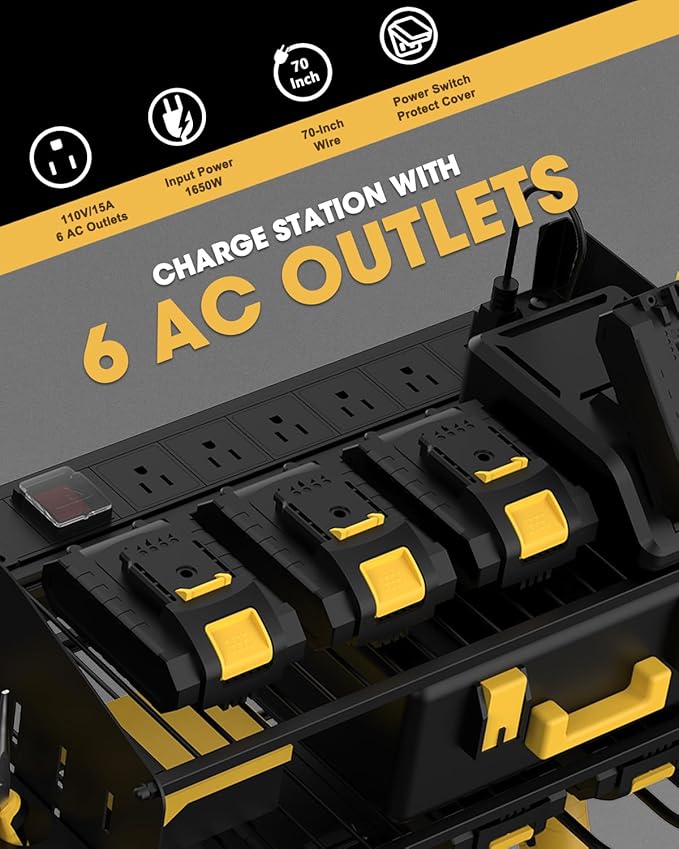 Power Tool Charging Station - 3 Layer Wall Mount Power Tool Organizer with Charging Station for Power Drill, 6AC Outlets, Great as Heavy Duty Tool Rack & Tool Holder for Garage Organization