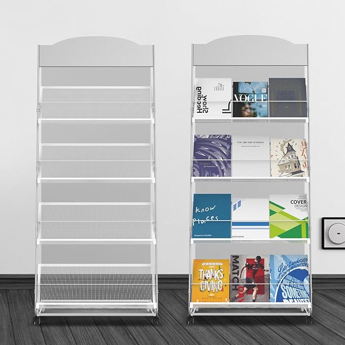 Floor-Standing Magazine Rack 4-Layer with Wheels, Semi-arched top Brochure Display Stand, High-hardness metal for Exhibitions, Office, and Any Organization Requiring Information Display (Arc-Sliver)
