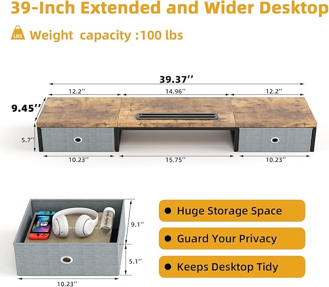 Dual Monitor Stand Riser with 2 Drawers - 39Inch Large Storage Computer Monitor Stands for 2 Monitors, Wooden Desktop Organizer Perfect for Home Office Desk, Computer, Laptop, TV, Rustic Brown