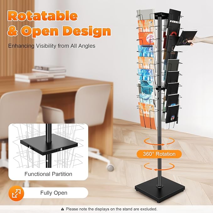 36-Pocket Rotating Magazine Rack, 360° Floor Brochure Display Stand with 132lbs Capacity, Black Modern Spinner Organizer for Retail, Office, Exhibition, Home