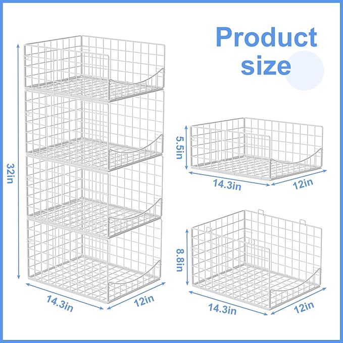4-Tier Stackable Closet Organizers and Storage Shelves, Foldable & Mutifunctional Clothes Storage Basket Sweater Organizer Bins Container for Wardrobe Bathroom, White (Patent Pending)