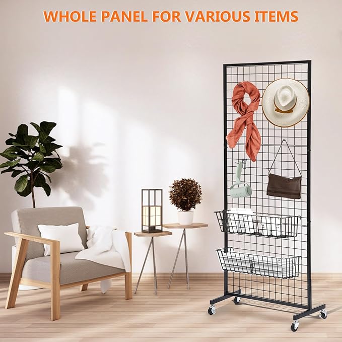 Eastern Tree Grid Wall Panels, Gridwall Panels Stand with T-Base, Black Wire Grid Wall Panel Display with Wheels, Craft Fair Display Rack, Retail Display, 2 Packs 2.5'x 6', Extra More 20 Pieces Hooks