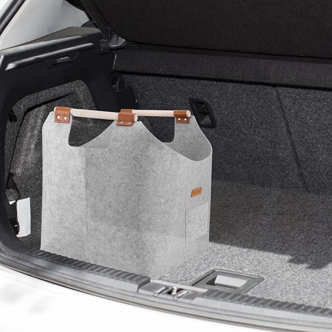 XL 4MM Felt Firewood Carrier | Log Carrier for Firewood | Wood Container with Extra Thick Felt Foldable & Reinforced Handle | Storage Basket for Shopping, Firewood, Logs, Newspaper (LIGHT GRAY)