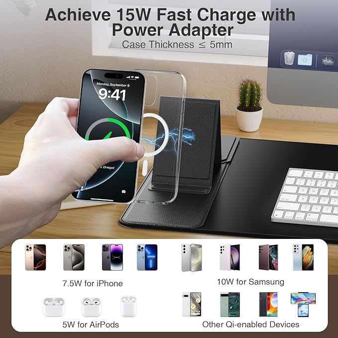Wireless Charging Mouse Pad with Foldable Phone Holder, 31.5"x15.8" Large Desk Mat for Laptop/Keyboard, Waterproof Ultra-Smooth Surface, Non-Slip Base, Black