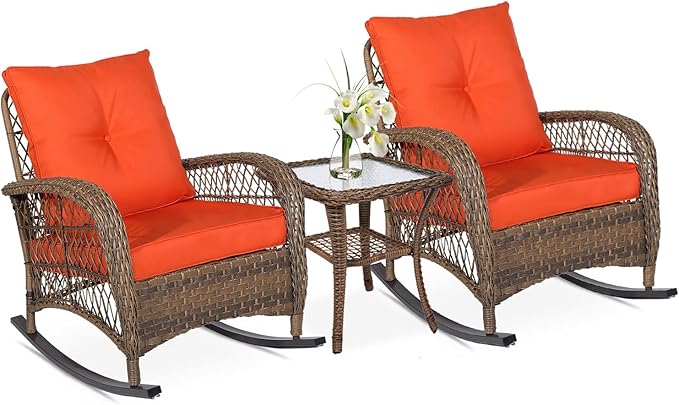 VIVIJASON 3-Piece Outdoor Conversation Bistro Set, Patio Wicker Rocking Chairs Rattan Furniture Sets w/ 2 Rattan Cushioned Chairs and Glass Top Side Table for Garden Porch Backyard (Orange)