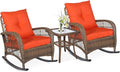 VIVIJASON 3-Piece Outdoor Conversation Bistro Set, Patio Wicker Rocking Chairs Rattan Furniture Sets w/ 2 Rattan Cushioned Chairs and Glass Top Side Table for Garden Porch Backyard (Orange)