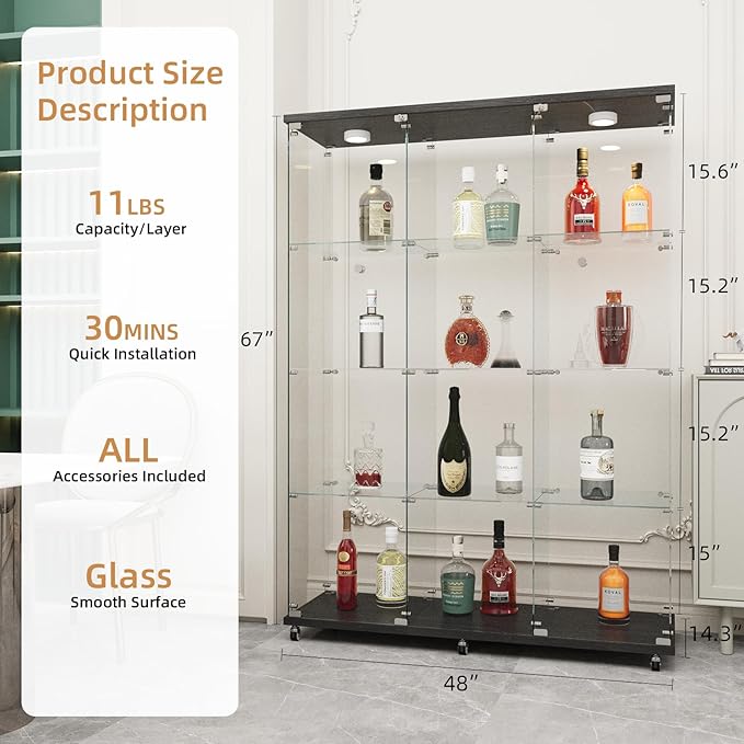 Beauty4U Glass Display Cabinet with LED Lights, Extra Large 3 Columns 2 Doors Curio Cabinets with 12 Shelves for Living Room, Bedroom, Office, Black Floor Standing DIY Glass Bookshelf
