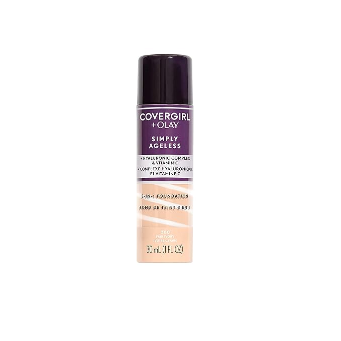 COVERGIRL & Olay Simply Ageless 3-in-1 Liquid Foundation, Matte Finish, Hyaluronic & Vitamin C Formula, 200 Fair Ivory, 1 Count