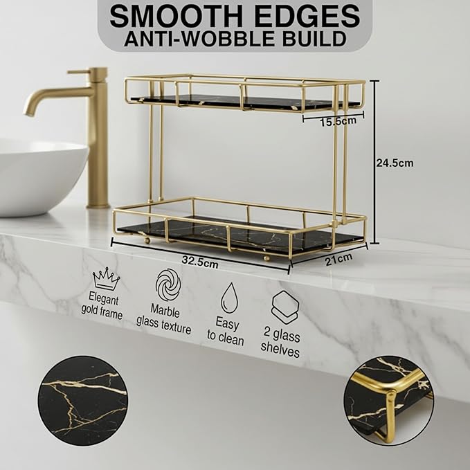2-Tier Black Marble Bathroom Countertop Organizer – Glass Shelves & Gold Metal Frame, Stylish Vanity Storage Shelf for Perfume, Skincare, Makeup & Toiletries