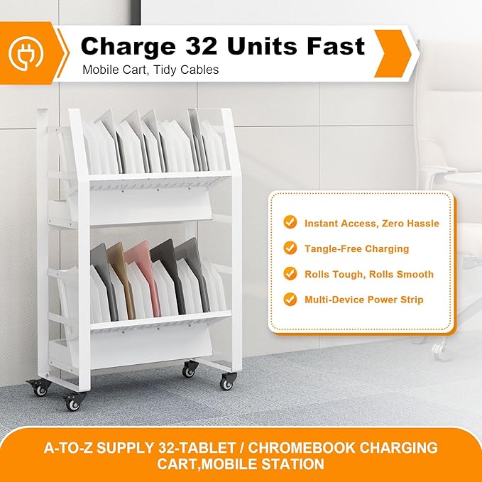 32 Device Mobile Charging Cart Universal Open Charging Station for Chromebooks Laptops Tablets with Secure Storage Rack and Smooth Rolling Wheels