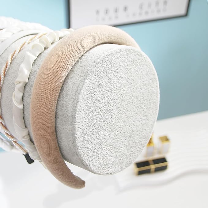 Headband Holder Organizer, Soft Velvet Tower Hairband Stand Display, Vertical Hair Hoop Accessories Jewelry Storage for Women Girls (Gray Beige Velvet)