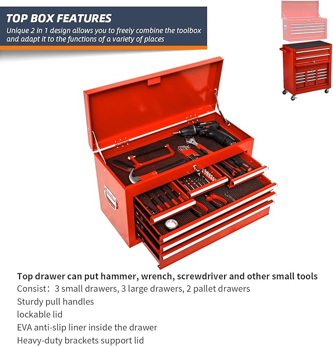 8-Drawer High Capacity Rolling Tool Chest, Removable Cabinet Storage Tool Box with Wheels and Drawers, Detachable Toolbox with Lock for Workshop Mechanics Garage