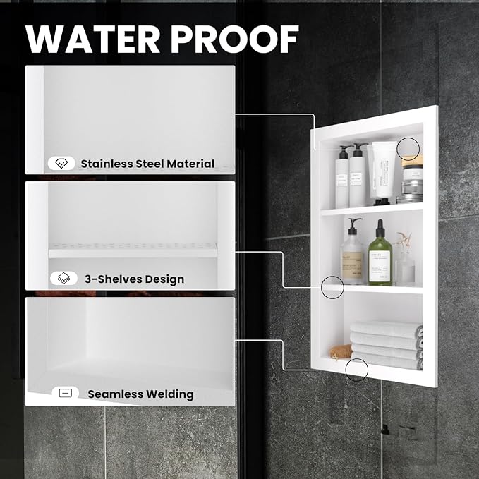 14" x 24" Stainless Steel Shower Niche, 3-Tier Waterproof Shelves, No-Tile Needed Bathroom Organizer, Rustproof Wall Shelf for Shampoo, Soap & Toiletries, White