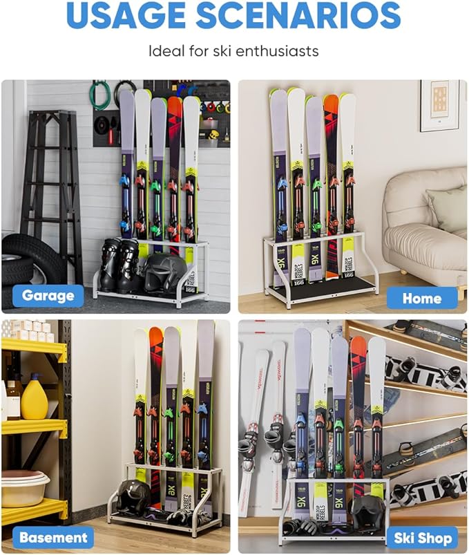 Ski Storage Rack for Garage — Freestanding Ski Holder for 5 Pair Skis, Helmet, Goggles, gloves, Indoor Snowboard Rack Organizer Stand for Home, Shed, Basement, White