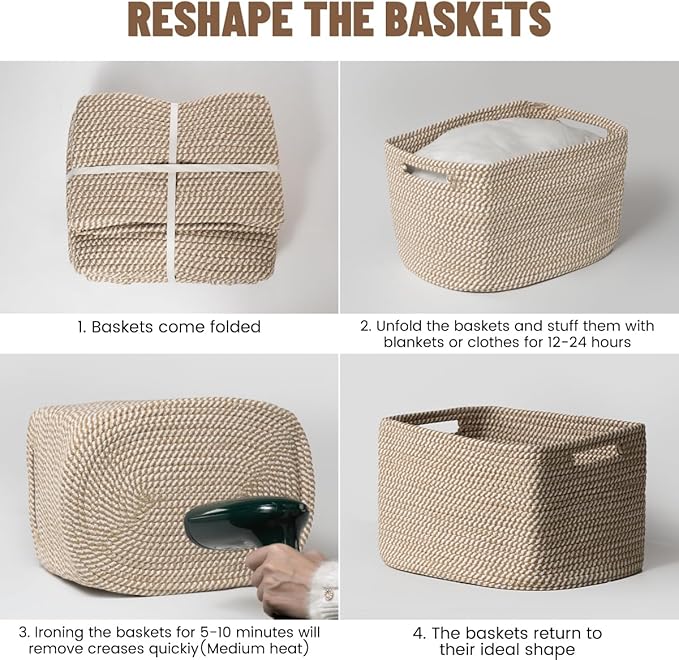 5 Pack Woven Storage Baskets for Shelves, Decorative Basket Organizer Storage Bins for Toys, Books, Clothes, Closet, Nursery, Bathroom – Cotton Rope Shelf Baskets for Organizing and Decor, Khaki