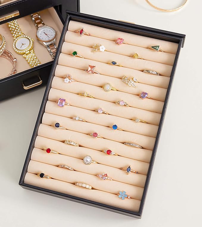 Homde Jewelry Organizer with Transparent Window Necklace Hooks Gift for Women Jewelry Box Display Case for Necklaces Rings Earrings Bracelets and Other Jewelry Accessories (Black + Gold)