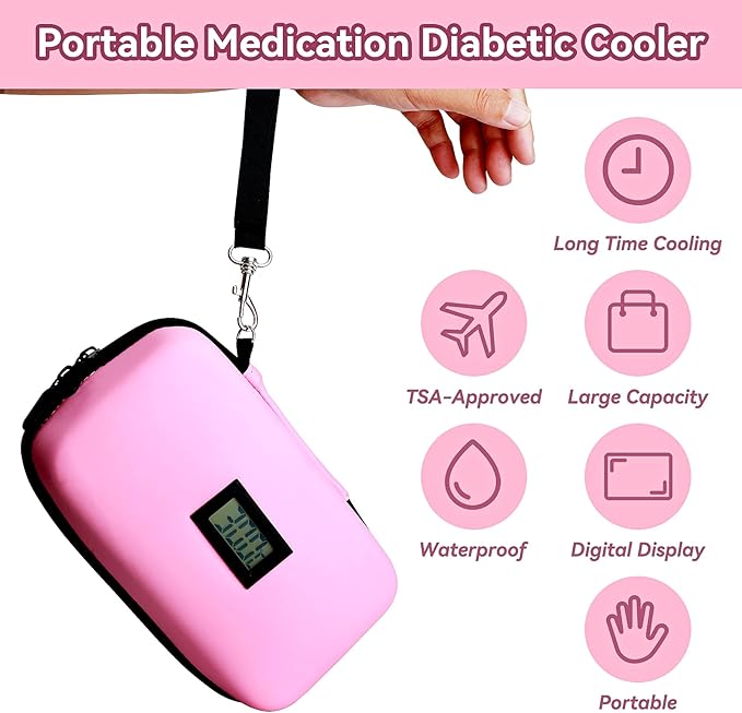 Insulin Cooler Travel Case, TSA Approved Medication Diabetic Cooler Organizer Bag with Thermometer Temperature Display 2 Ice Packs, Pink