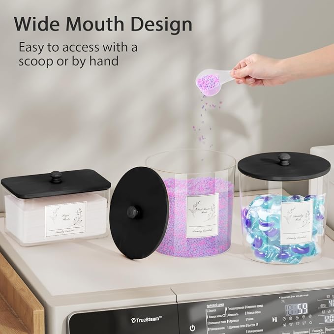3 Pack Laundry Powder Container & Dryer Sheet Holder, Plastic Laundry Room Organization and Storage Jars with Lids, Labels & Scoops for Powder, Detergent, Scent Booster (Black Lid)