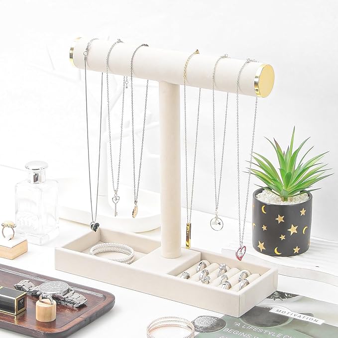 Necklace Display Holder, Bracelet Organizer Stand with Earrings Tray and Metal Lid, Jewelry Scrunchie Watches Tray Rack for Women Home Desk (Beige)