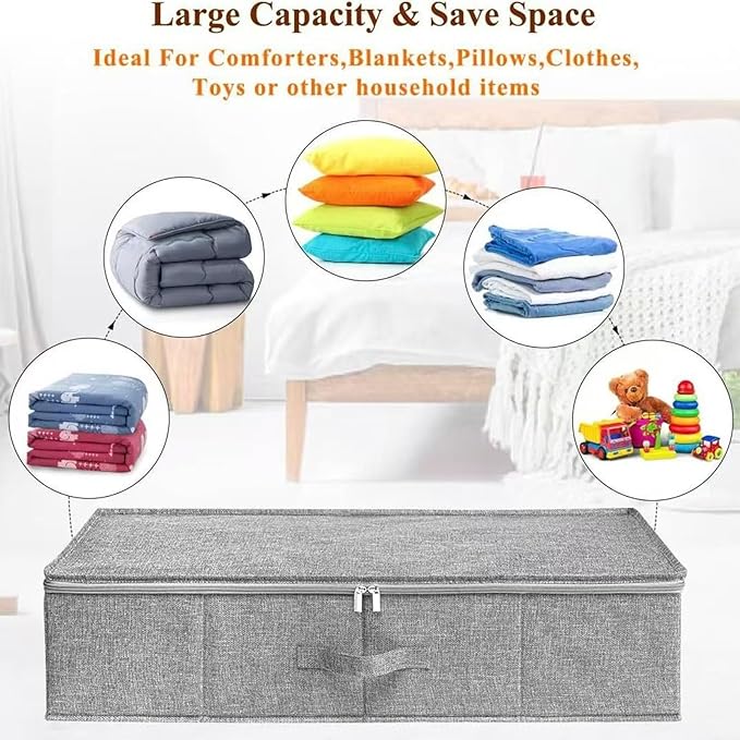 2PCS Under Bed Storage Bags with Lid, 10cm Low Underbed Storage Box, Foldable Fabric Clothes Organizer with Handle and Zip, Multipurpose Large Capacity Bedroom Organizer Box for Bedding Duvets