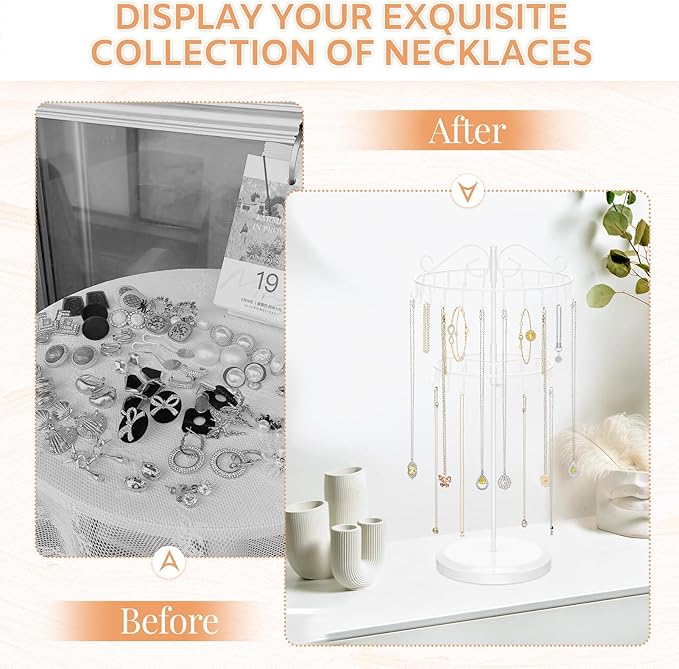 iDavosic.ly 2 Tier Rotating Necklace Holder Organizer with 42 Hooks, Adjustable Metal Bracelet Display Stand Rack, Extra Tall Keychain Spinning Tree Tower for Women, White