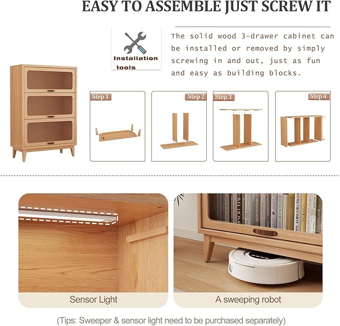 3-Shelf solid wood book case with corrugated tempered glass doors dusty wooden bookshelf Flip-Up Doors original wood midcentury modern book cases/shelves 3 tier for home office with installation tool