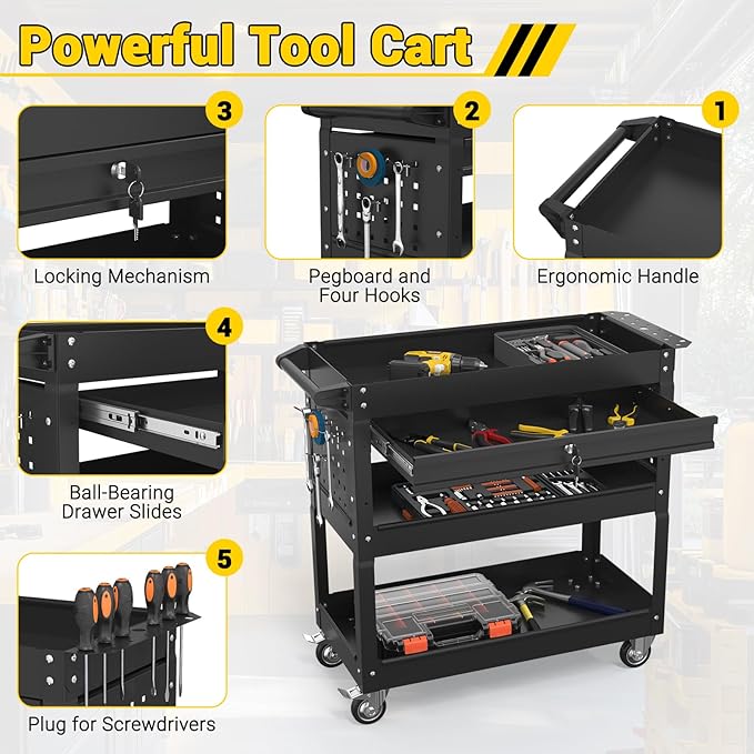 3 Tier Rolling Tool Cart on Wheels, 550 LBS Tool Cart with Drawers，Heavy Duty Utility Cart with Pegboard and Hooks，Mechanic Tool Storage Cart for Garage, Warehouse and Repair Shop(Black)