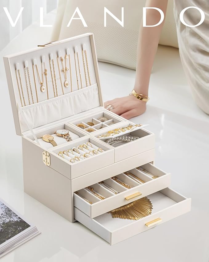 Vlando 4 Layers Jewelry Box - Women Jewelry Box with Retractable Tray - Jewelry Organizer with Drawer for Necklaces, Rings, Bracelets, Earrings, Gift for Couples Mom Girls - Could White