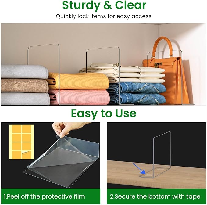 Shelf Dividers for Closet Organization: 8 Pack 10" Tall X 8.4" Deep Acrylic Clear Vertical Shelves Separators - Adhesive Adjustable Easy to Install Remove - Handbags/Clothes/Towel Storage