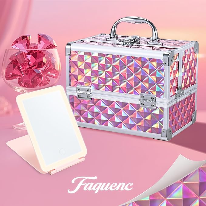 Makeup Case with Lighted Mirror Travel Makeup Organizer Box 2 Trays Lockable Cosmetic Train Case with Movable LED Mirror for Girls Make Up Nail Kits Sewing Vanity Storage Case Shiny Pink