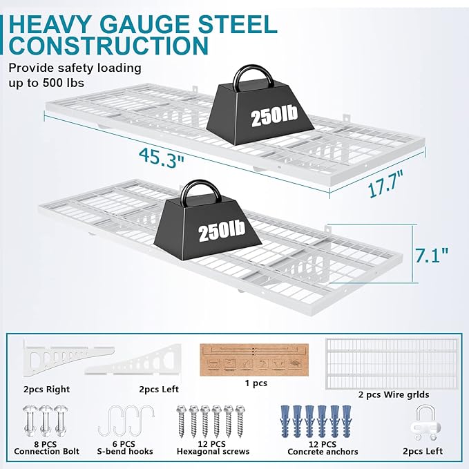 2-Pack 1.5×3.8ft Garage Wall Shelving, 18×45.6 inches Heavy Duty Wall Mounted Shelves, Garage Storage Shelf, 500 lbs Load Capacity, Black (White, 2 Pcs 1.5 * 3.8 ft)