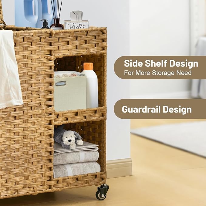Laundry Hamper with Wheels, 42.3 Gal.(160 L) Laundry Sorter with Shelves, Rattan Clothes Hamper with 4 Removable Liners & 3 Mesh Bags, Handwoven Organizer for bedroom, bathroom, laundry room, Natural