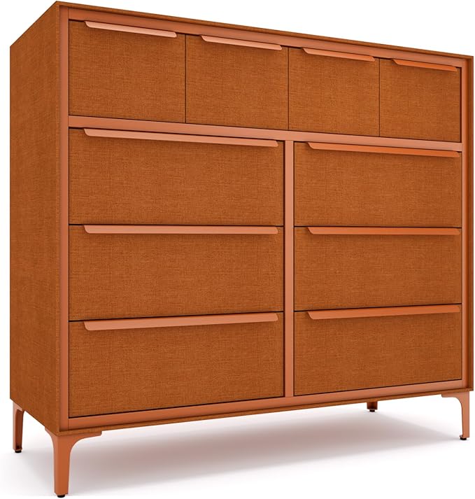 Naima Premium Fabric Dresser - Strong Metal Frame, 10 Spacious Sag-Proof Drawers with Sleek Metal Handles - Premium & Durable Storage Solution for Your Home (Orange)