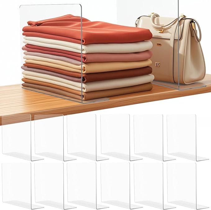 Shelf Dividers for Closet Organization: 12" Tall x 10" Deep Acrylic Closet Shelf Dividers for Clothes Sweater Purse - Free Standing Clear Separators for Shelves