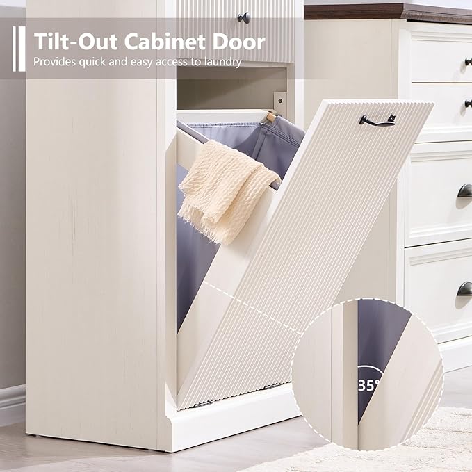 Modern Tilt-Out Laundry Hamper Cabinet, 10 Gallon Fluted Trash Can Cabinet with Drawer, Wooden Hidden Garbage Can Cabinets with Laundry Basket, Free Standing for Bathroom and Kitchen, White