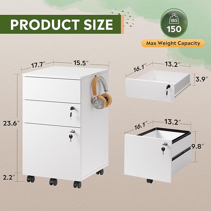 DEVAISE 3 Drawer Rolling File Cabinet with Lock, Wood Under Desk Filing Cabinet fits Letter/Legal/A4 Size for Home Office, White