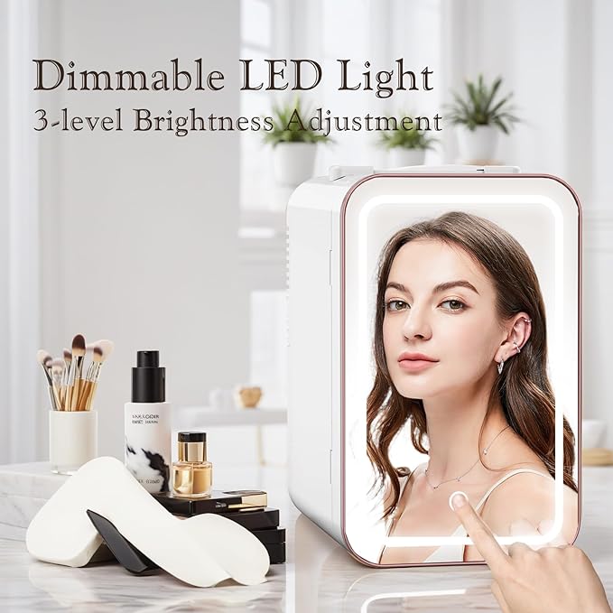 Mini Fridge for Bedroom, 6L/10 Can Skincare Fridge with Dimmable LED Light Mirror for Dorm & Office, Portable Cooler & Warmer Small Compact Refrigerator for Skincare, Makeup and Cosmetics, White