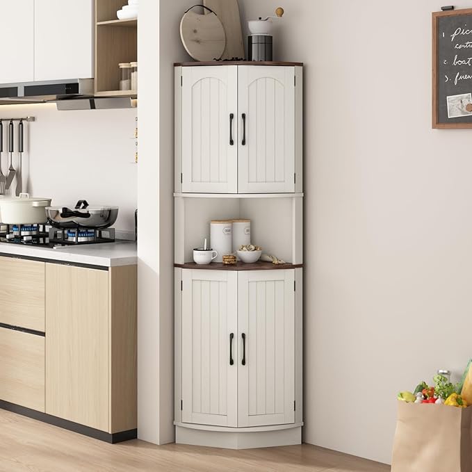 Tall Corner Cabinet, 64.7" Corner Storage Cabinet with 4 Doors and 5 Storage Shelves, Farmhouse Space Saver with Arched Door Design for Living Room, Kitchen, Bathroom, Office