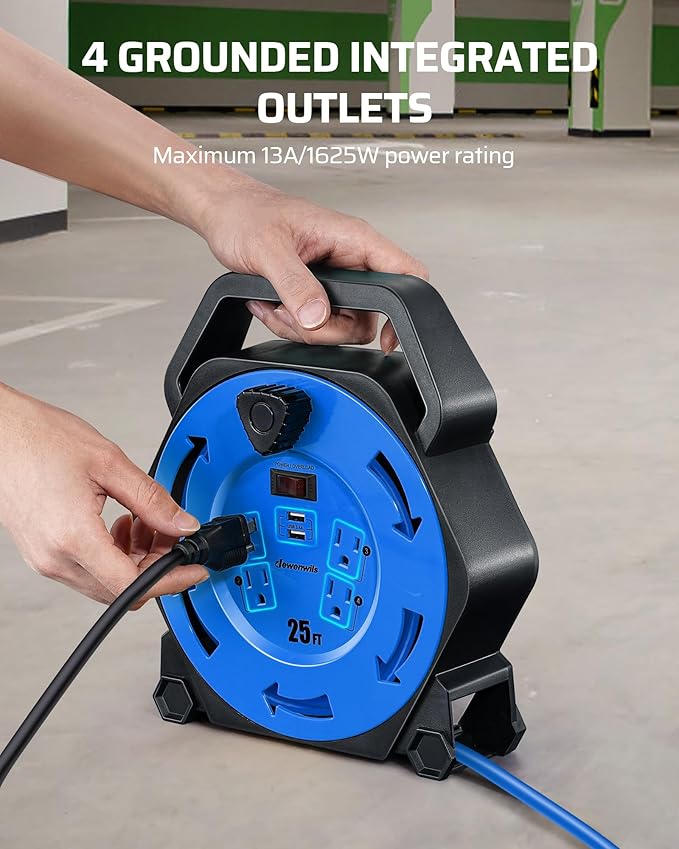 DEWENWILS Cord Reel with 4 Power Outlets, 2-USB Ports(3.4A Fast Charge), 25FT Retractable Extension Cord Reel, Heavy Duty SJTW 16/3 Cable, 13A Circuit Breaker, Hand Wind, UL Listed