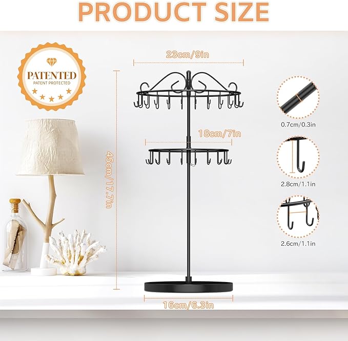 iDavosic.ly 2 Tier Rotating Necklace Organizer with Jewelry Tray, Adjustable Metal Necklace Holder with 42 Hooks, Extra Tall Bracelet Keychain Spinning Display Stand Tree Tower for Women, Black