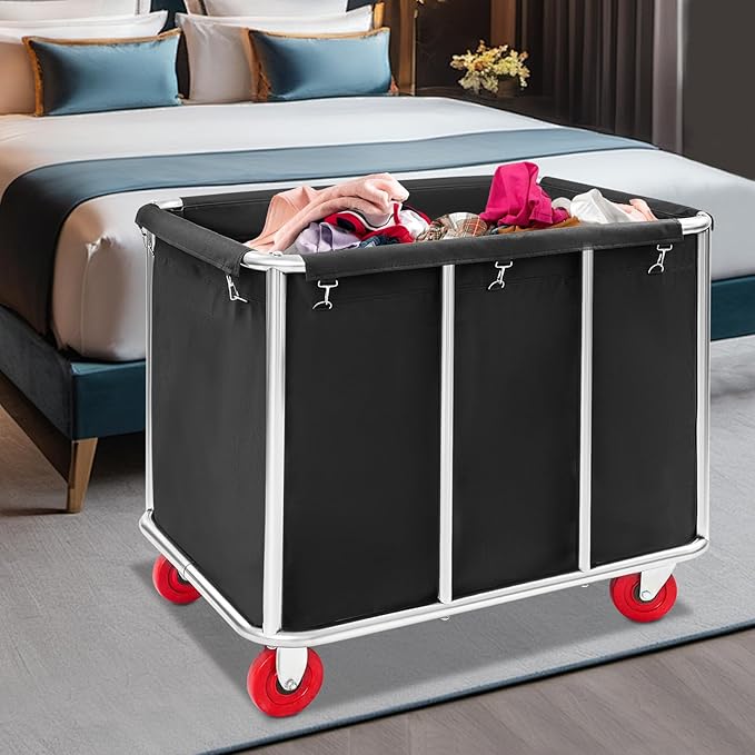 Commercial Laundry Cart with Wheels,Laundry Hamper Cart,Heavy Duty Rolling Basket with Large Capacity,Sorter Trolley for Home Hotel Apartment (Black, 35.43 * 25.6 * 31.5in)
