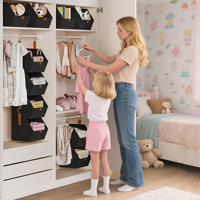 Hanging Closet Organizer 4 Tier - Clothes Hanging Shelves, Space-Saving Closet System, Fabric Storage Bins Bedroom Organization, Collapsible Baskets for Home, Dorm, Rv, Black, 2 Pack